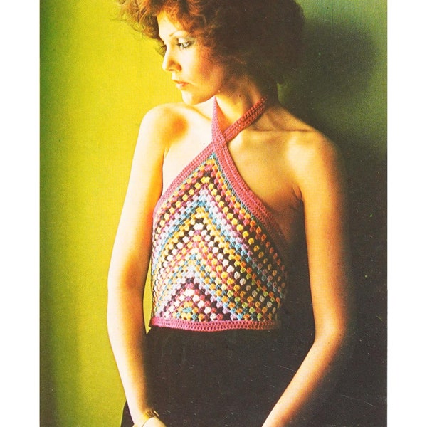 Vintage Crochet Pattern Halter Crop Top Bralette with Thick Straps - Instant Download 1980s Bohemian Summer Retro Halter Tank Top 4 Ply Yarn