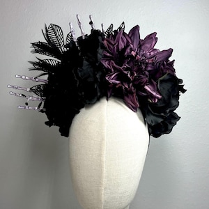 Black and Purple Crown, Black Crown, Black Flower Crown, Halloween Costume, Day of the dead crown, Catrina, Corona de Dia de los Muertos