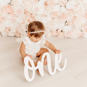 May include: A baby girl in a white lace dress sits in front of a wall of pink and white flowers. She is holding a white wooden sign that says "one".