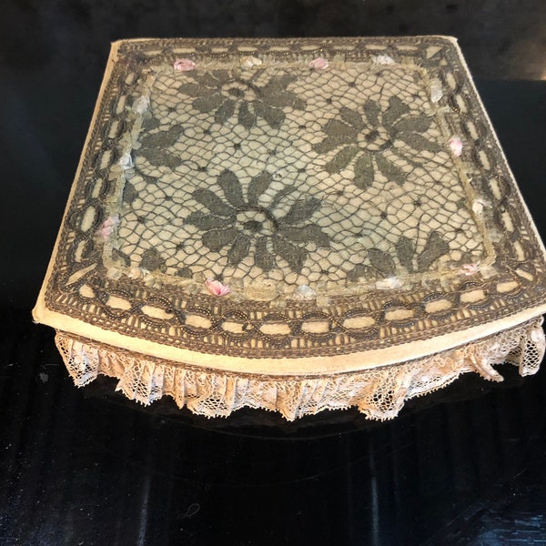 Antique French Lace Covered Ribbon Work Boudoir Box