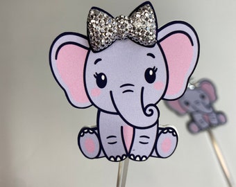 Baby Elephant Cupcake Toppers with embellished bow - Baby Shower - First Birthday - Gender Reveal (ONE DOZEN)