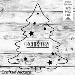 May include: Black and white outline of a Christmas tree with the text "Frohes Fest" inside. The tree is decorated with stars.
