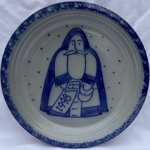 1998 Eldreth Pottery cobalt salt glaze ceramic pie plate Santa Claus Kris Kringle Father Christmas Signed