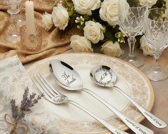 Personalized Wedding Cutlery Set | Engraved Spoon & Fork | Custom Name Tableware | Couple Gift | Elegant Tableware | A Spoonful of Love