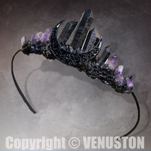 Purple Amethyst Moon Crystal Crown Headband Primitive Quartz Tiara Witch Bridal Tiara  for Cosplay/Birthday/Christmas Photography