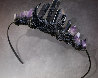 Purple Amethyst Moon Crystal Crown Headband Primitive Quartz Tiara Witch Bridal Tiara  for Cosplay/Birthday/Christmas Photography