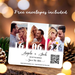 May include: Save the date card with a white background and three photos of a couple. The date is June 16, 2024. The text reads "Angela + Jack are getting married! Save the date. New Providence, NJ | Invitation to follow".