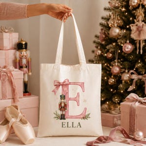Christmas Wreath Monogram Canvas Tote Bag, Custom Initial and Name with Red Bow Design, Personalized Reusable Holiday Gift Bag