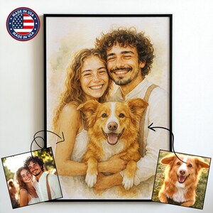 Custom Pet and Family Watercolor Portrait – Combine People and Pets from Photos – Memorial or Birthday Gift – Digital or Framed Art