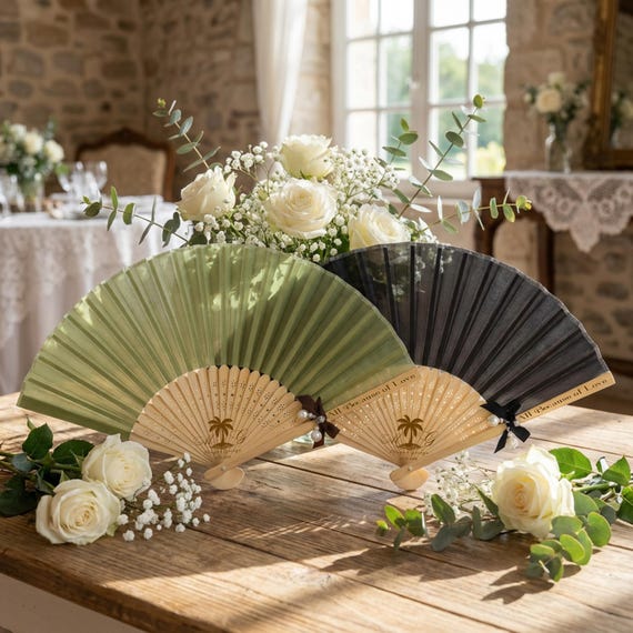 Custom Wedding Fan – Silk Hand Fan for Guests | Personalized Folding Fan Favor | Custom Text Wedding Fan | Classic Event Decor