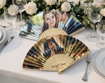 Aangepaste opvouwbare handventilator bruiloft – gepersonaliseerde fotoventilator met namen, trouwdatum en zegen, uniek verlovings- of vrijgezellenfeest