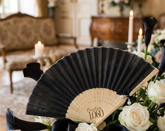 Personalized Wedding Fan – Black Silk Folding Fan | Custom Hand Fan Wedding Favor | Elegant Guest Accessory | Formal Event Decor