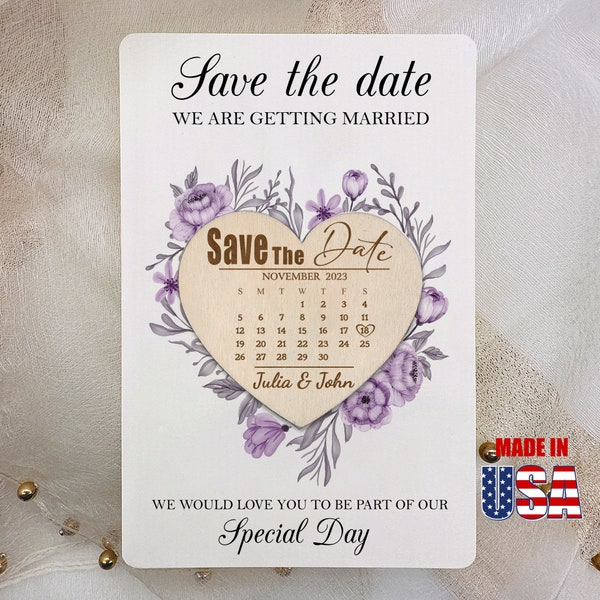 Floral Save the Date, Wooden Save-the-Date Magnets, Custom Laser-Engraved QR Code Wedding Invitations, Unique Wood Cards