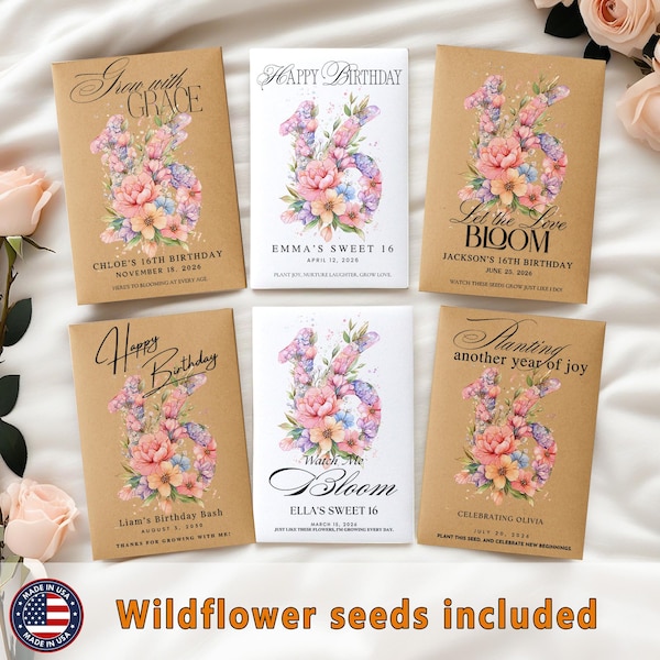 Sweet 16 Birthday Seed Packet – Floral Number 16 Wildflower Favor – Personalized Party Gift with Name & Date – Let Love Grow for Teens