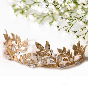 Greek Goddess Crown Bridal Gold Leaf Pearl Rhinestones Headband Wedding Party Halloween Headpiece