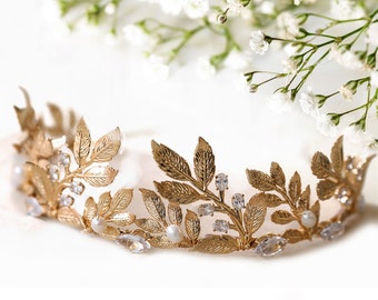 Dea greca Corona Sposa Foglia d'oro Perla Strass Fascia Fascia Di nozze Festa di Halloween Copricapo