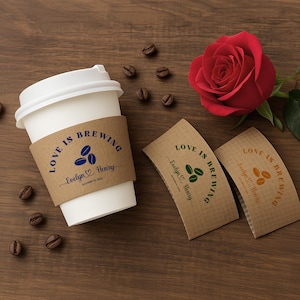 Personalized Wedding Cups, Custom Coffee Cups with Sleeves, Love Is Brewing Party Favor Cups, Engagement and Anniversary Cups