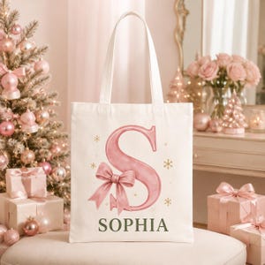 Personalized Christmas Canvas Tote Bag with Initial and Name, Custom Monogram Holiday Gift Bag, Reusable Present Bag for Family