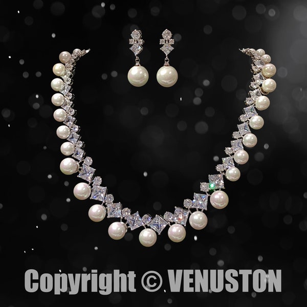 Elegant Zirconia Pearl Double-Layer Necklace/ Pear earring set for Weddings and Special Occasions