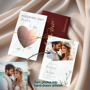 Save the Date – elegante roségouden acrylhuwelijksuitnodiging, handgetekende huwelijksportret, unieke gepersonaliseerde bruidsaankondiging