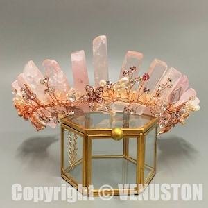 Pink Crystal Crown with Pearl and Diamond Details-Handmade Quartz Tiara for Boho Bride,Fairy Wedding,Festival,Flower Girl,Cosplay Headpiece