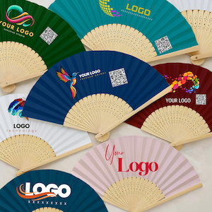 May include: A collection of open hand fans in various colors, including green, teal, blue, and pink. Each fan features a unique logo design and a QR code. The fans have wooden handles and are fanned out, showcasing the printed designs.