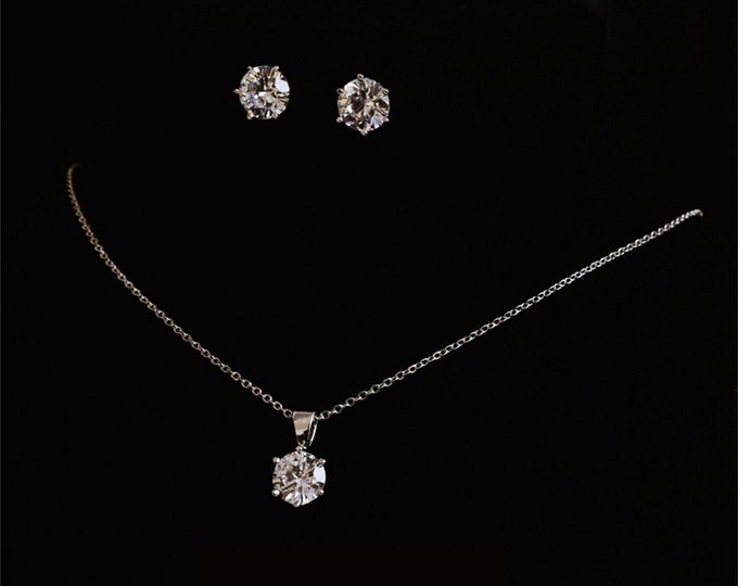 Silver Cubic Zirconia Halo Pendant Necklace and Stud Earrings Jewelry Set