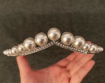 Tiara di perle da sposa più grande, corona vintage di perle per abiti da sposa, cerchietto per capelli in avorio per matrimoni, feste di ballo, gioielli per capelli