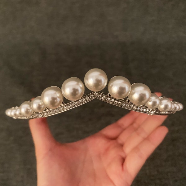 Bridal Larger Pearl Tiara, Pearl Vintage Crown for Bridal, Ivory Hair Hoop for Wedding, Prom Party, Hair Jewelry