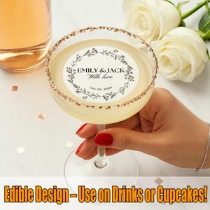 Personalized Edible Wedding Drink Toppers / Custom Drink Topper with Name & Date / Cocktail Topper / Engagement Party / Wedding Bar Decor