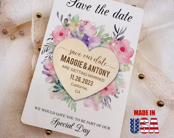 Wedding Save the Date, Watercolor Wedding Invitations, Wood Wedding Announcement with floral postcard, Unique Wedding Gift