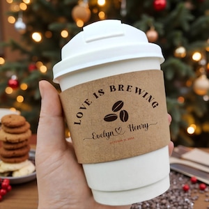 Wedding Coffee Cups Custom, Personalized Cups with Sleeves, Names Date Party Favor Cups, Bridal Shower, Engagement Party Cups