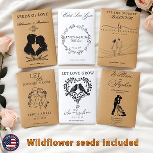 May include: Six brown paper envelopes with white text and black illustrations. Each envelope has a different wedding-themed message and couple's names. The envelopes contain wildflower seeds. The text on the envelopes reads: "Seeds of Love", "Watch Love Grow", "Let the Journey Bloom", "Let Love Grow", "William and Tophia", and "Felicia Savannah".