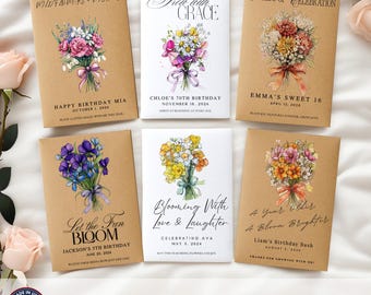 Puede incluir: Conjunto de seis paquetes de semillas de papel marrón con ilustraciones de flores coloridas y mensajes de cumpleaños personalizados. Cada paquete incluye semillas de flores silvestres y el texto "Semillas de flores silvestres incluidas".