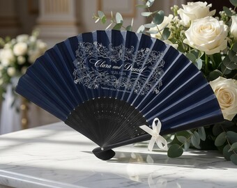 Custom Wedding Fan Personalized Navy Blue Floral Hand Fan Elegant Ceremony Favor for Bride Groom Guests Summer Wedding Decor