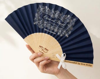 Custom Navy Wedding Fans Personalized Elegant Baroque Floral Folding Fans with Names/ Date for Ceremony Guests Summer Outdoor Wedding Favors