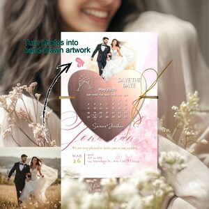 Save the Date - aangepaste roségouden acrylhuwelijksuitnodiging, verander trouwfoto in handgetekende kunst, gepersonaliseerde bruidsaankondigingsset