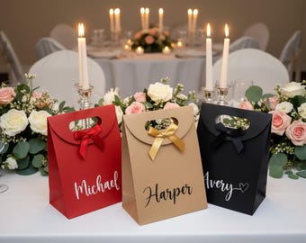 Bolsas de regalo de boda personalizadas con nombres de invitados: elegantes bolsas de regalo con cinta, regalos para damas de honor, decoración para despedidas de soltera y recepciones.