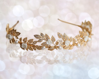 Fiore foglia di rame intarsiato zircone perla copricapo da sposa in oro diadema per accessori per capelli diademi e corone da sposa