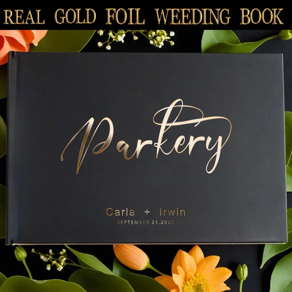 9X12 Real Gold Foil Wedding Book, Custom Black Wedding Guestbook, Personalized Wedding Gift, Anniversary Gift, Wedding Guestbook Alternative