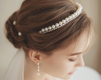 Handmade Pearl Crown for Bride or Birthday Gift – Shell Pearls & AAA Rhinestones – Wire Wrapped Bridal Headband Tiara