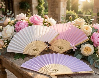 Personalized Silk Wedding Fan for Guests, Custom Engraved Bamboo Hand Fan, Bulk Wedding Favors, Bridal Shower Gift, Outdoor Wedding Decor