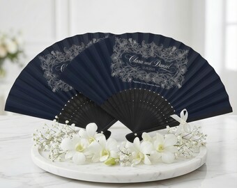 Personalized Wedding Fan Favor Elegant Navy Hand Fan with Names Classic Floral Ceremony Accessory for Guests