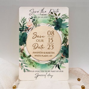 Save the Date, Wooden Save the Date card  with Watercolor Floral - Rustic Wedding Invitations/Wedding Announcement