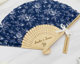 Personalized Blue Wedding Fan – Custom Navy Floral Pattern | Engraved Handle Text | Garden Ceremony Fan | Stylish Bridal & Guest Favor