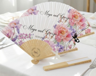 Aangepaste bruiloft handwaaiers – paarse pioen bloemen waaiers met namen / datum – mooie ceremoniegunsten voor buiten- en lentebruiloften