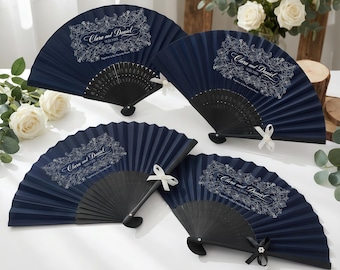 Elegant Wedding Fan Personalized Navy Floral Ceremony Fan Custom Name Classic Favor for Bride Groom Guests