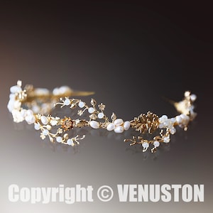 Elegant Gold Leaf Bridal Tiara with Pearls & Zircon Perfect Wedding Crown for Brides, Handmade Headpiece for Special Occasions