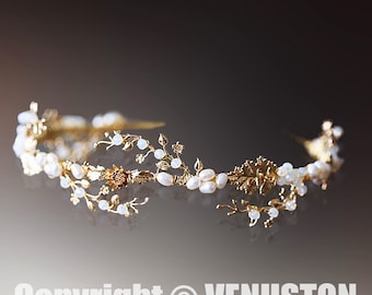 Elegante tiara da sposa in foglia d'oro con perle e zirconi, corona nuziale perfetta per le spose, copricapo fatto a mano per occasioni speciali