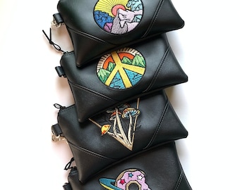 Handmade wristlet purse with embroidery on front, vegan leather wristlets